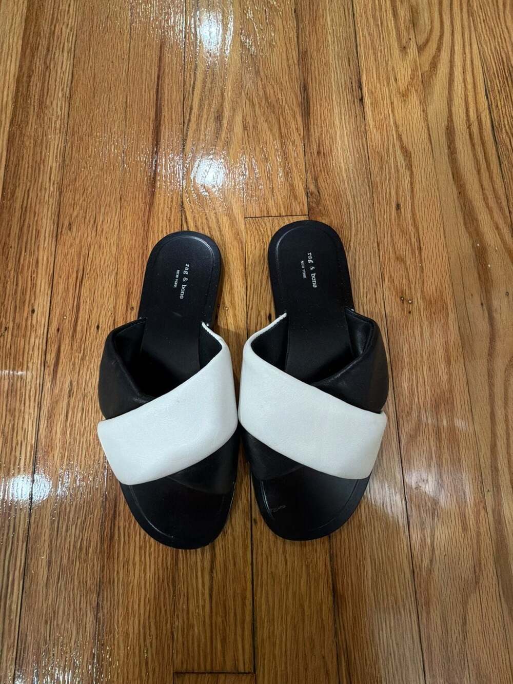 Rag & Bone Black and White Leather Puffed Cross Strap Slide Sandals